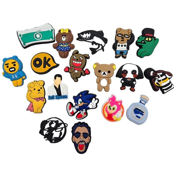 Shoe Charms Jibbitz Lot Of 18 Sonic Fishing Bear TV Money Pop Culture Read - Picture 1 of 5